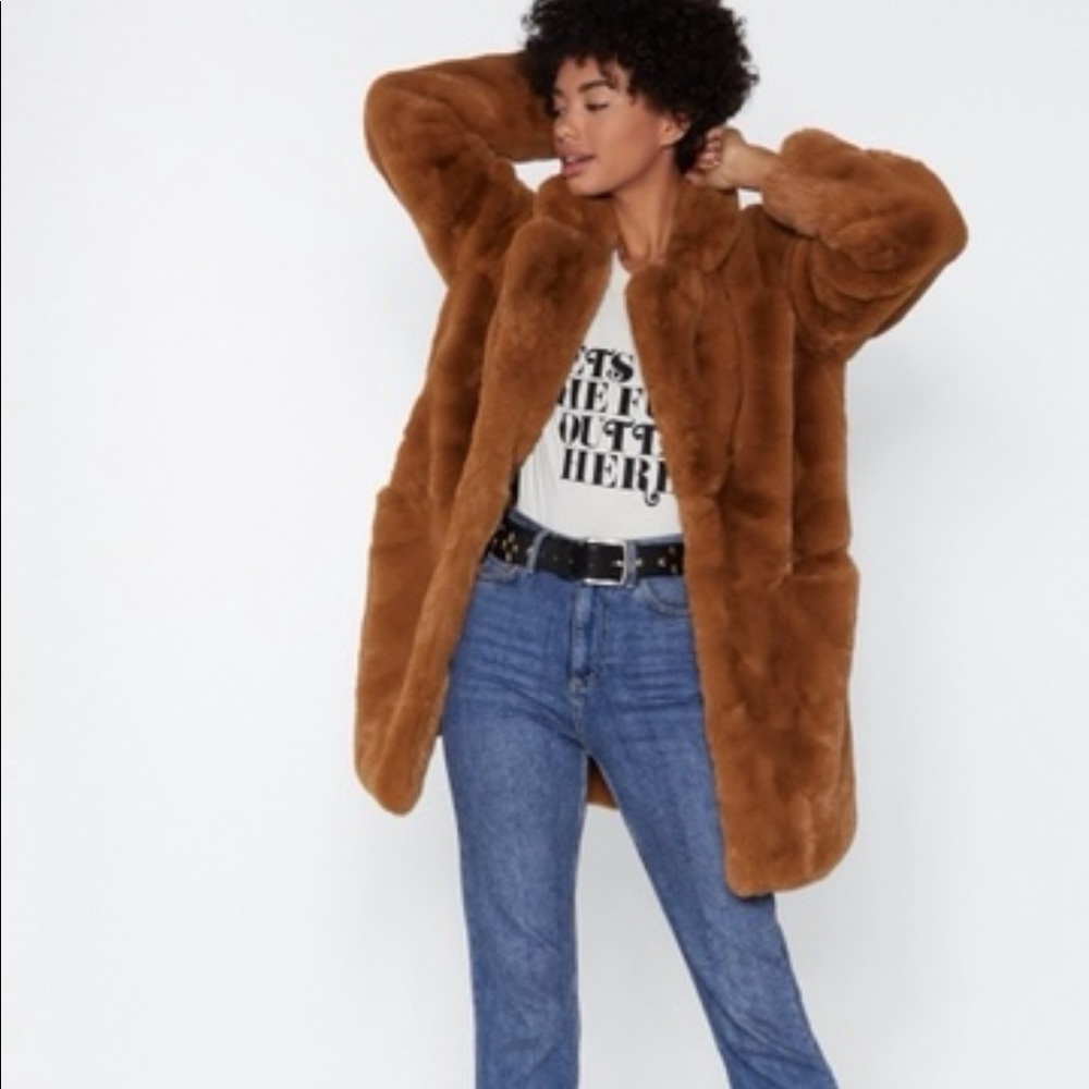 NastyGal “surfin’ bird” faux fur coat